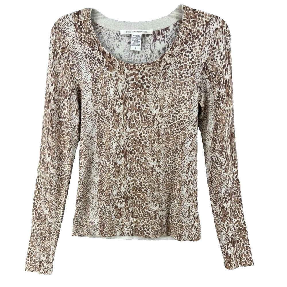 DIANE VON FURSTENBERG Sweater Womens Sz S Brown Cream Animal‎ Metallic Pullover